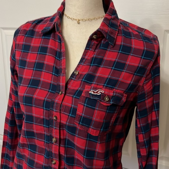 Hollister red & navy plaid flannel button down shirt Size S - Picture 4 of 17